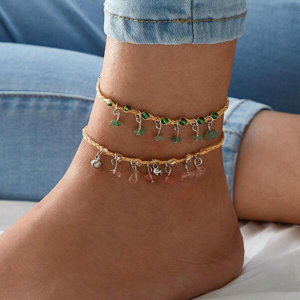

Stone Decor Braided Anklet 2pcs
