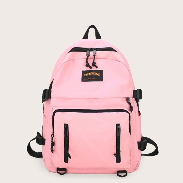 

Double Zip Front Decor Backpack, Pink