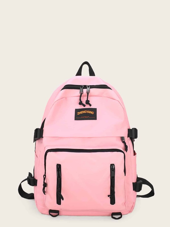 

Double Zip Front Decor Backpack, Pink