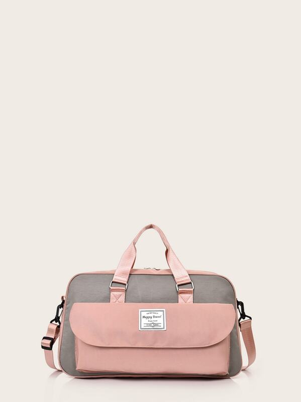 

Two Tone Slogan Patch Decor Duffle Bag, Pink