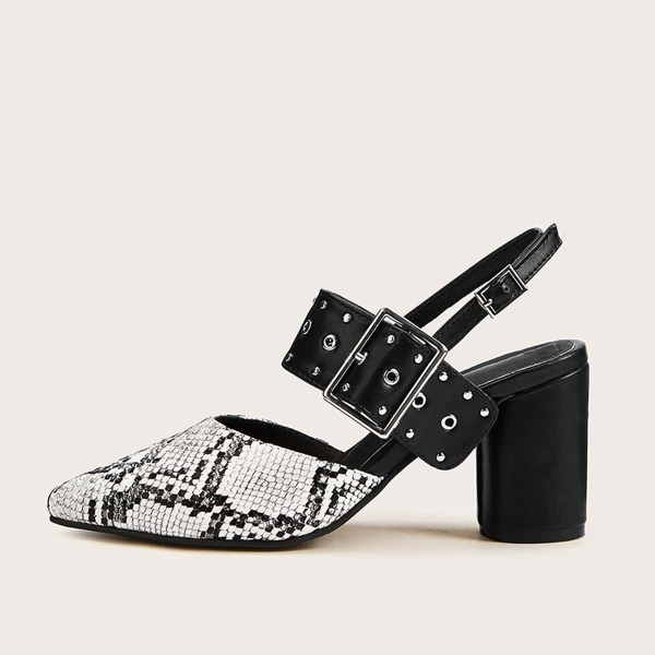 

Point Toe Snakeskin Print Chunky Heels, Multicolor