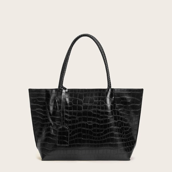 

Woven Strap Croc Embossed Tote Bag