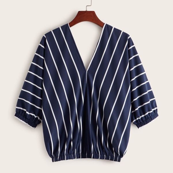 

V-neck Vertical Stripe Blouse, Navy