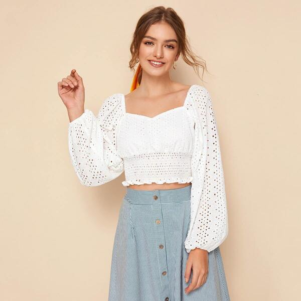 

Sweetheart Neckline Shirred Schiffy Blouse, White