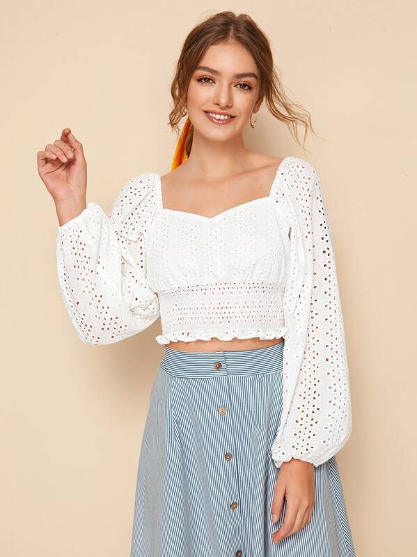 

Sweetheart Neckline Shirred Schiffy Blouse, White, Luiza