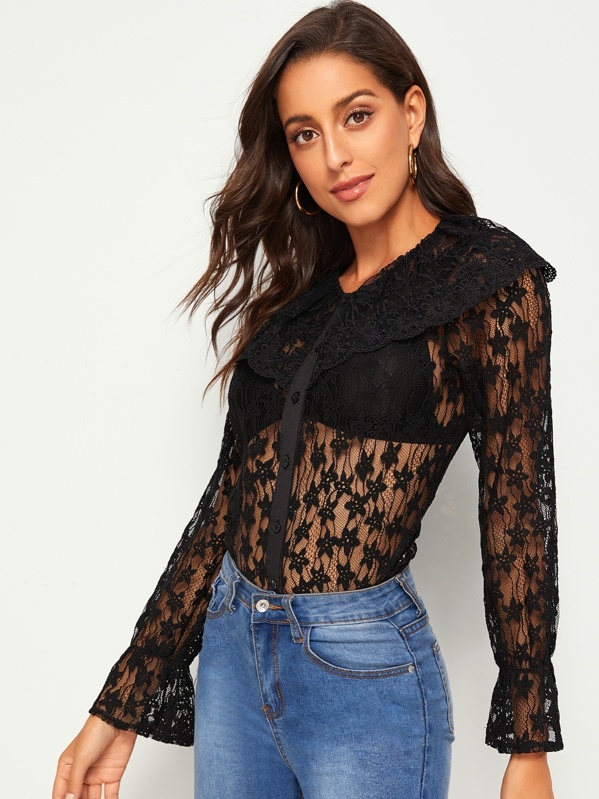 

Flounce Sleeve Sheer Lace Blouse, Black, Mary P.