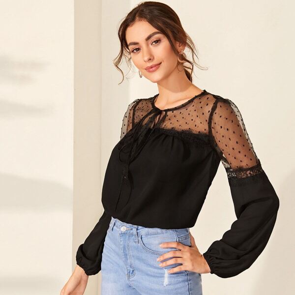 

Chiffon Swiss Dot Lace Panel Knot Blouse