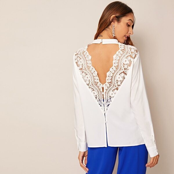 

Open Back Mock Neck Lace Panel Blouse