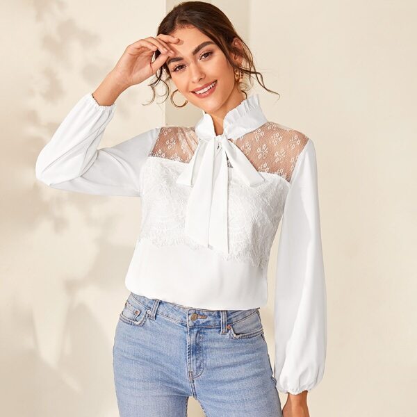 

Tie Neck Frill Trim Lace Panel Blouse