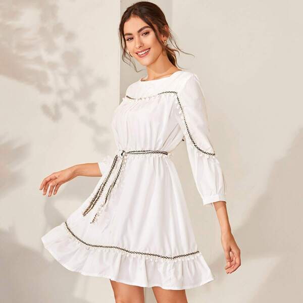 

Contrast Tape Pompom Trim Belted Dress, White