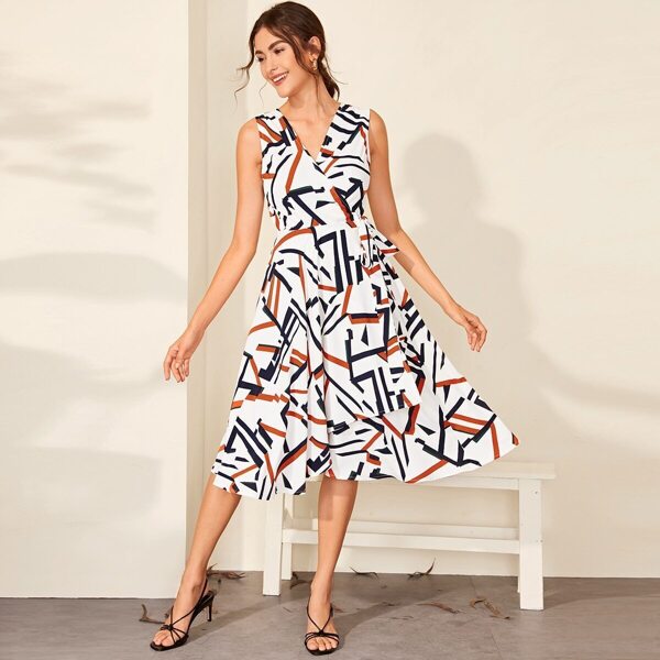 

Geo Print Tie Side Wrap Midi Dress
