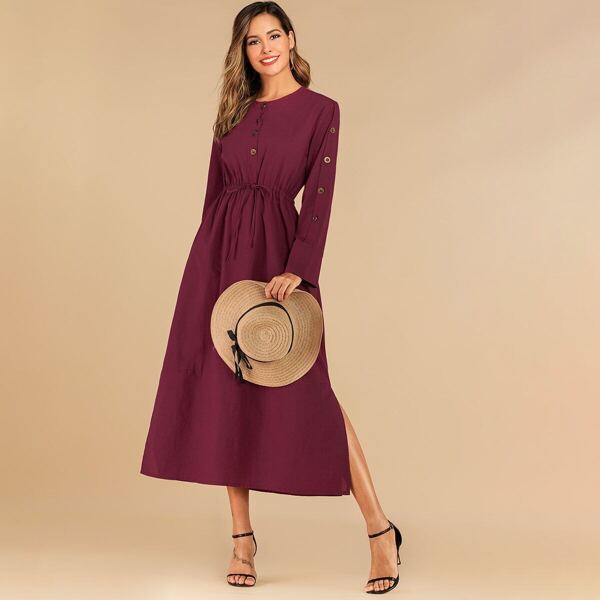 

Half Button Drawstring Waist Slit Side Dress, Burgundy
