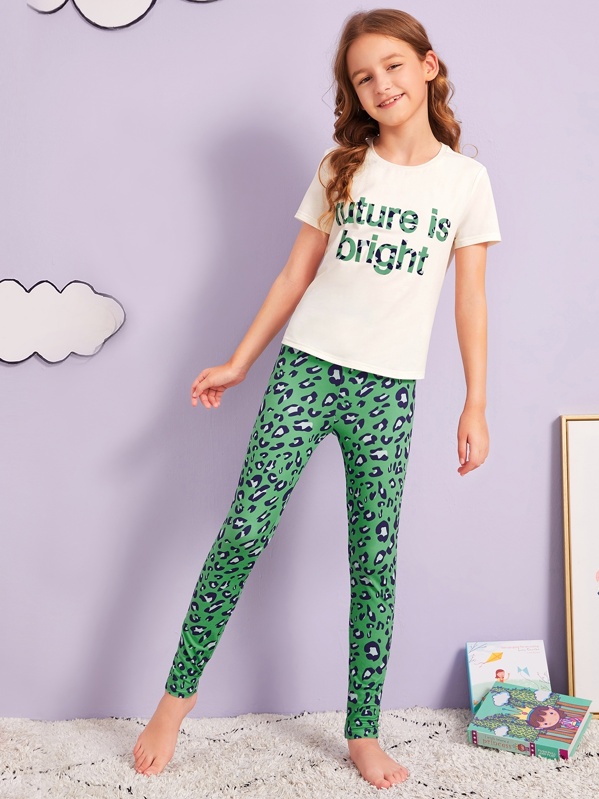

Girls Slogan Tee and Leopard Leggings PJ Set, Multicolor, Sashab