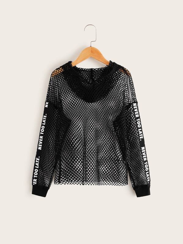 

Girls Slogan Tape Fishnet Mesh Hoodie, Black