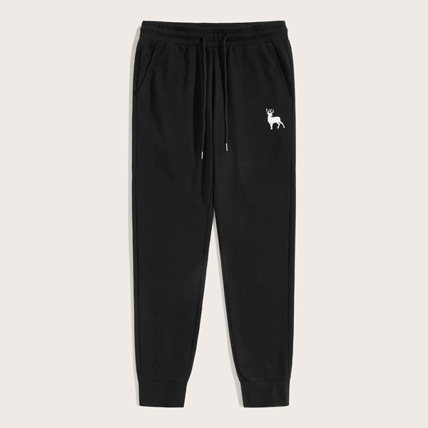 

Men Deer Print Slant Pocket Sweatpants, Black