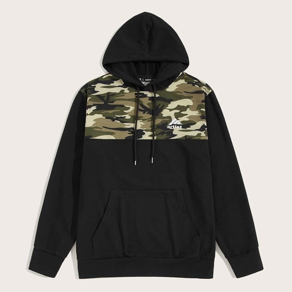 

Men Camo and Letter Print Pocket Front Hoodie