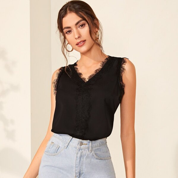 

Lace Panel Solid Tank Top, Black