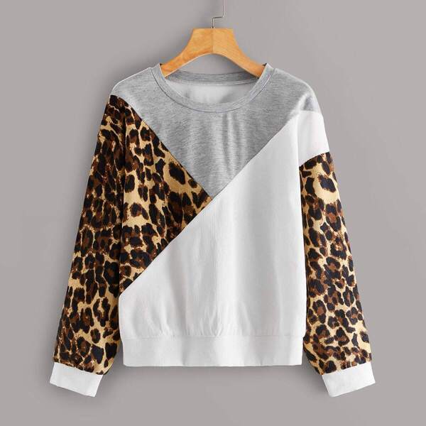 

Contrast Leopard Print Sweatshirt, Multicolor