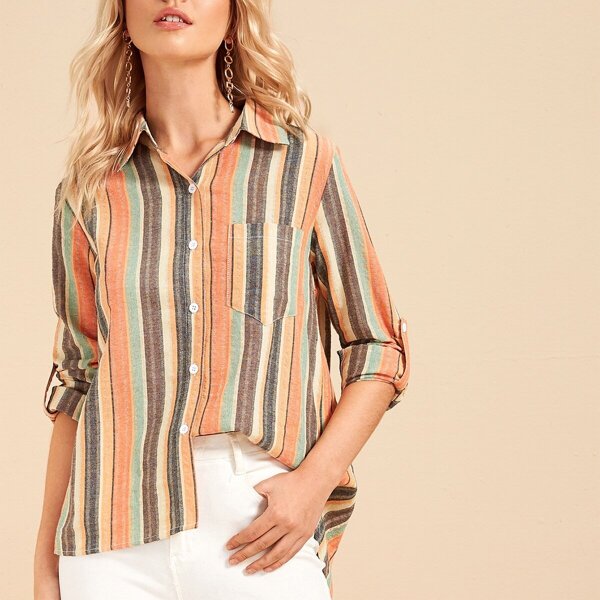 

Block Stripe Pocket Patched Blouse, Multicolor