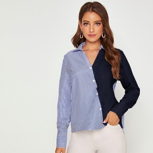 

Striped Button Detail Splice Blouse, Blue