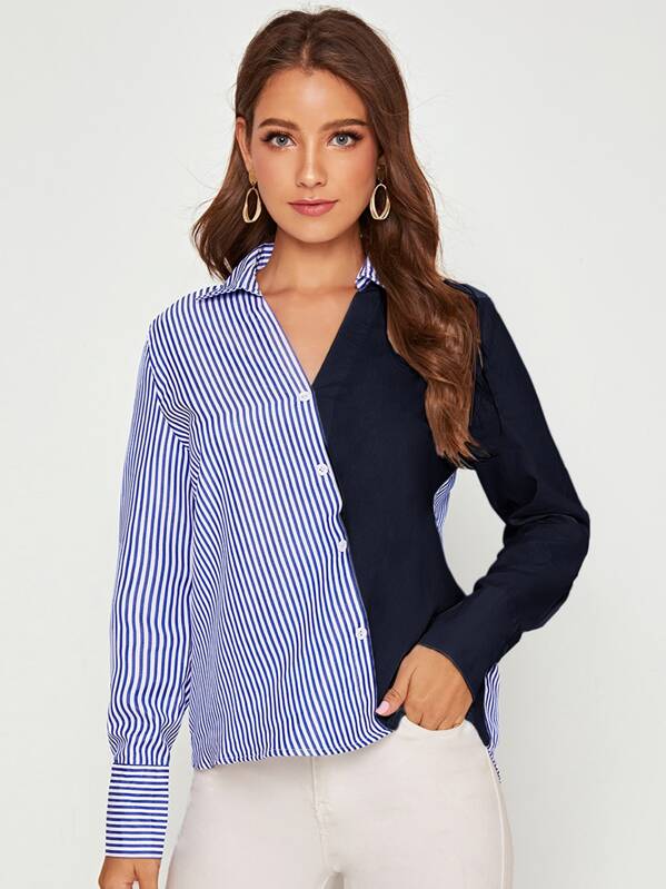 

Striped Button Detail Splice Blouse, Blue, Debi Cruz