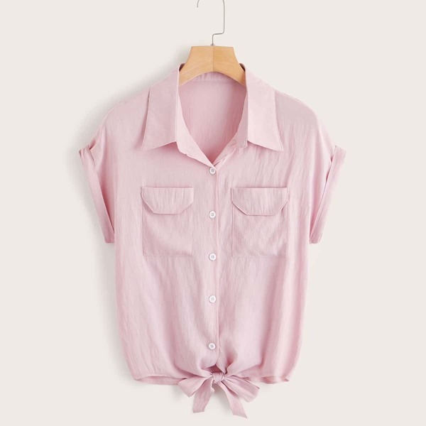 

Solid Pocket Front Knot Hem Blouse, Pink