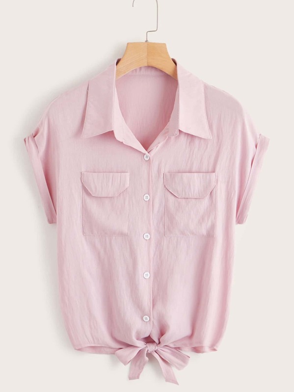 

Solid Pocket Front Knot Hem Blouse, Pink