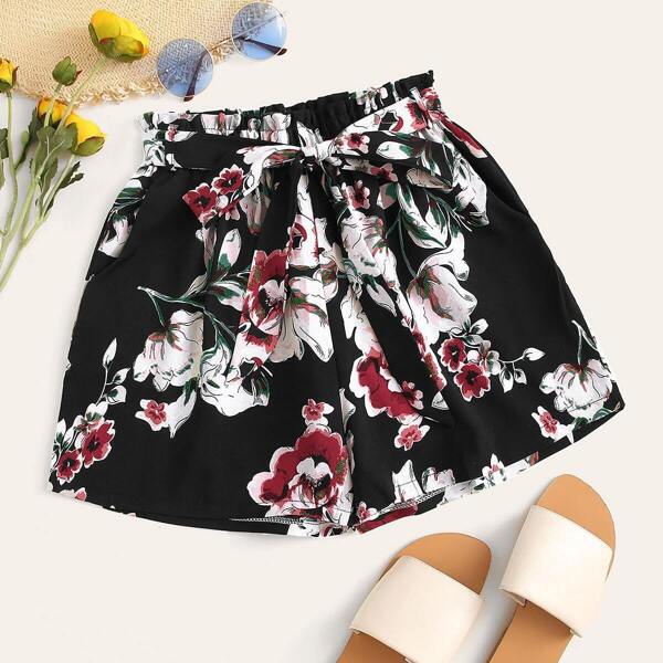 

Floral Print Paperbag Waist Belted Shorts