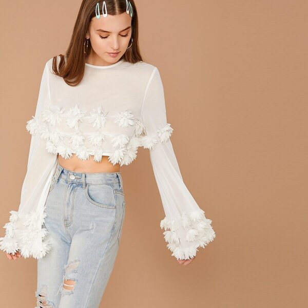 

3D Appliques Bell Sleeve Crop Mesh Top, White