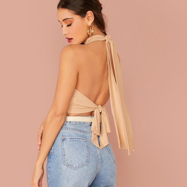

Tied Open Back Rib-knit Halter Top, Apricot
