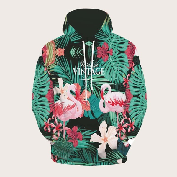 

Men Flamingo And Floral Print Hooded Sweatshirt, Multicolor