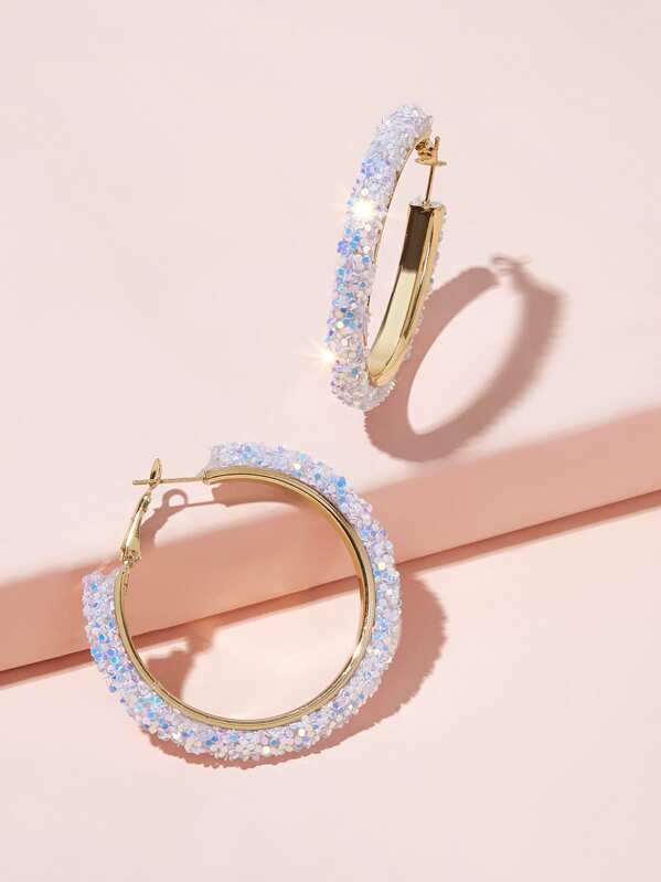 

Sequin Decor Hoop Earrings 1pair, Silver