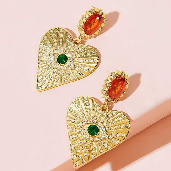

Rhinestone Engraved Heart Drop Earrings 1pair, Multicolor