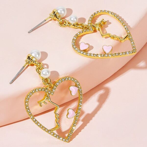 

Faux Pearl Decor Rhinestone Engraved Heart Drop Earrings 1pair