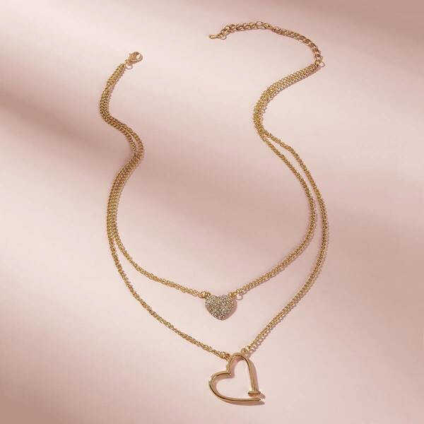 

Rhinestone Engraved Heart Charm Layered Necklace 1pc, Gold