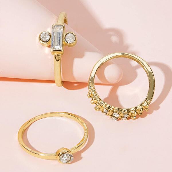 

Rhinestone Decor Ring 3pcs, Gold