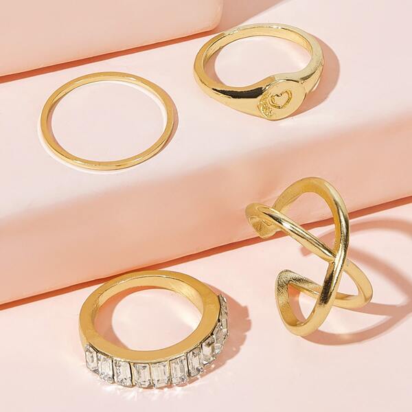 

Geometric Rhinestone Decor Ring 4pcs