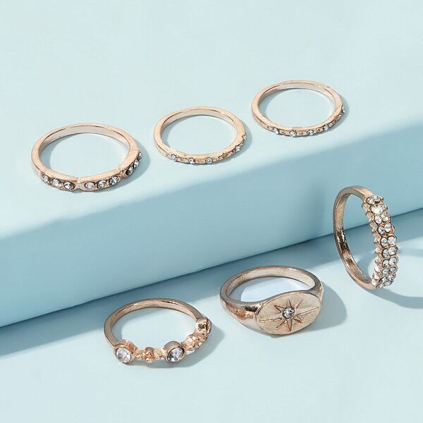 

Rhinestone Engraved Ring 6pcs