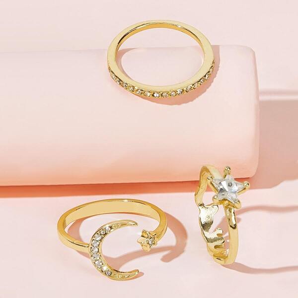 

Rhinestone Moon & Star Decor Ring 3pcs