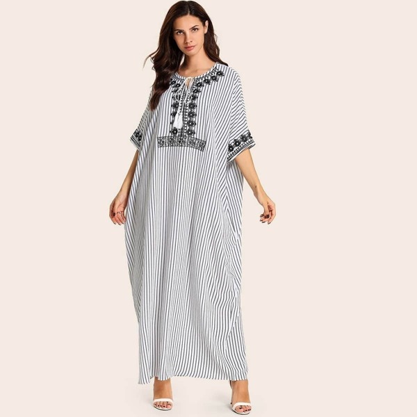 

Embroidery Drawstring Striped Tunic Dress