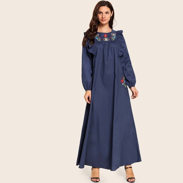 

Floral Embroidery Ruffle Trim Dress, Navy