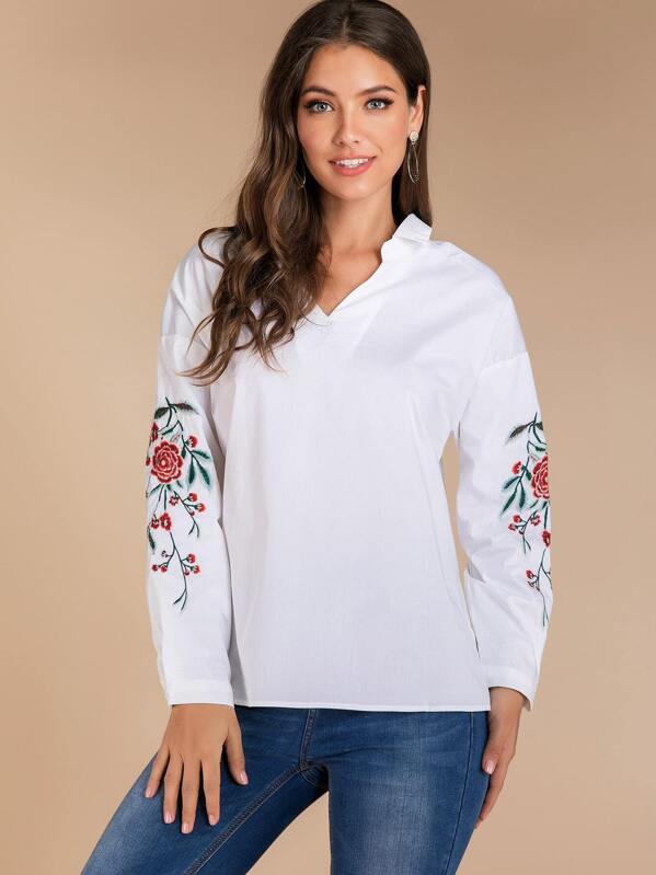 

Floral Embroidery Drop Shoulder Blouse, White