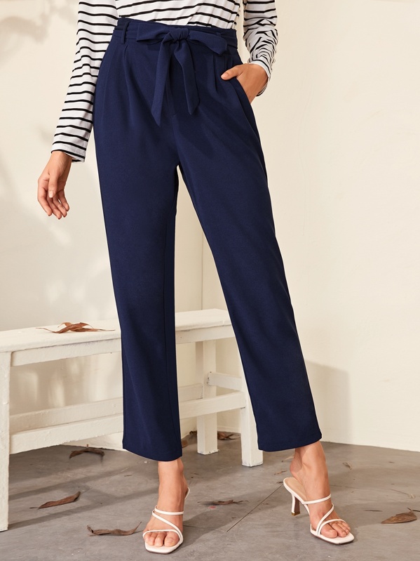 

Pocket Side Belted Straight Leg Pants, Navy, Carol A