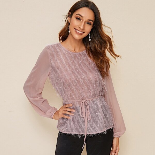 

Fringe Trim Belted Sheer Blouse