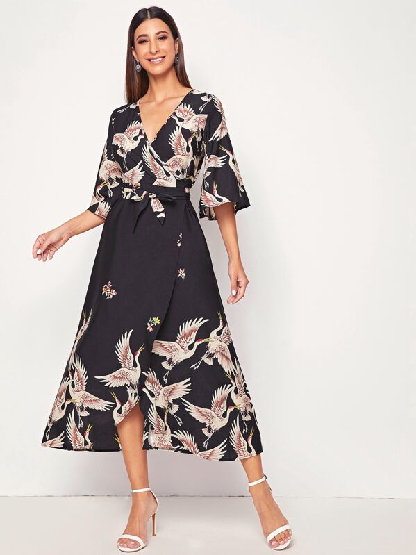 

Crane Print Wrap Knotted Dress, Multicolor, Gabe