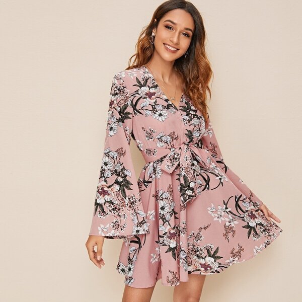 

Floral Print Bell Sleeve Belted Dress, Pink pastel