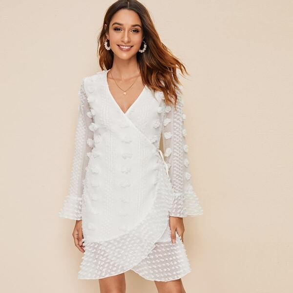 

Swiss Dot Ruffle Trim Wrap Knotted Dress, White