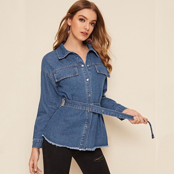 

Bleach Wash Raw Hem Belted Denim Jacket, Blue