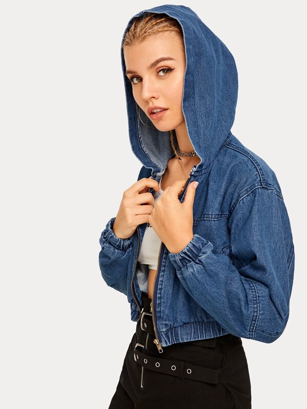 

Zip Up Hooded Denim Jacket, Blue, Tasha