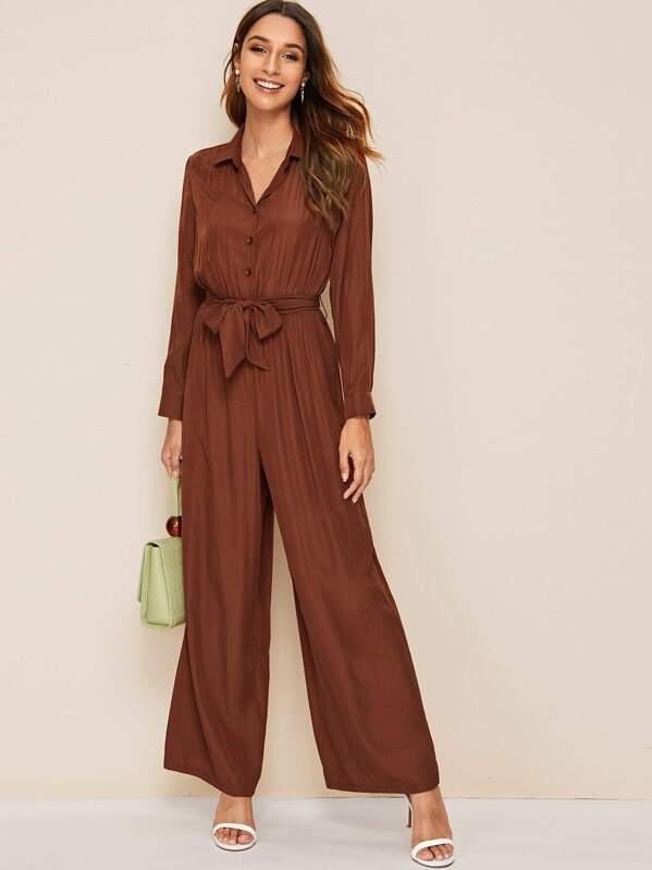 

Button Front Belted Wide Leg Shirt Jumpsuit, Brown, Gabi B